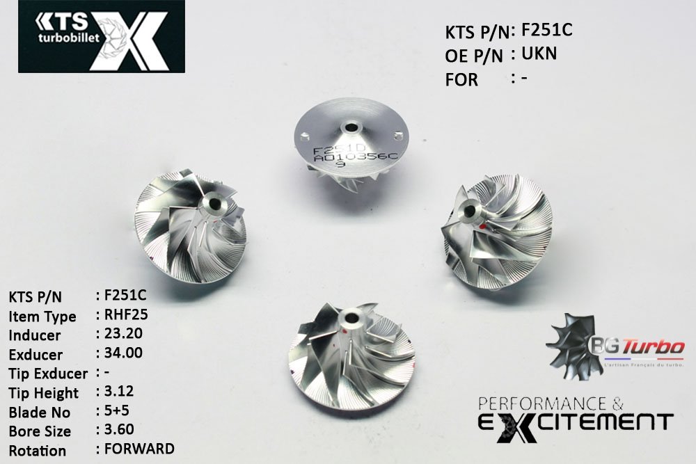 Turbo ROUE FORGÉE MFS PERFORMANCE - 5+5 PALES - INDUCER : 23,2 - EXDUCER : 34 - TYPE : RHF25ANGLE : 60° - ROTATION : Forward - SUPER BACK : 3,3 - BORE SIZE : 3,6

